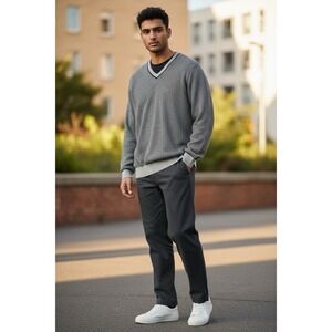 Joseph & Lyman V Neck Sweater Mens Sm Gray Herringbone Cashmere (42‎ Inch Chest)